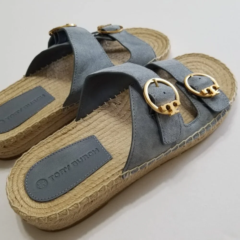 NWOB Tory‎ Burch Selby Two-Band Espadrille Slide Sandal in Blue Calla